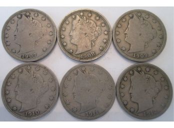 6 COIN LOT! 1907 Thru 1912 Authentic LIBERTY 'V' NICKEL $.05 United States
