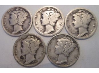 SET 1925, 1926, 1927, 1928, & 1929 Authentic MERCURY DIMES $.10 United States