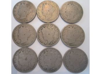 9 COIN LOT! 1893 Thru 1901 Authentic LIBERTY 'V' NICKEL $.05 United States