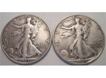 SET 1943 P & 1943 D Authentic WALKING LIBERTY Half Dollars $.50 United States