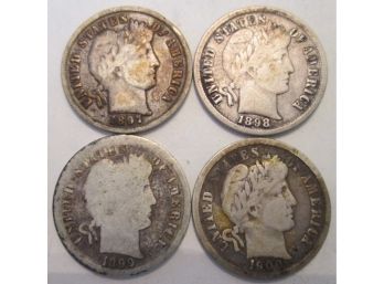 SET 1897, 1898, 1899 & 1900 Authentic BARBER DIMES $.10 United States
