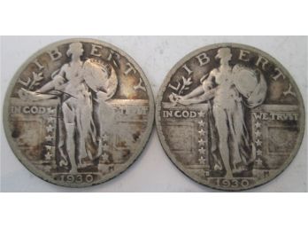 SET 2 COINS: 1930P & 1930S Authentic STANDING LIBERTY SILVER Quarters $.25 United States
