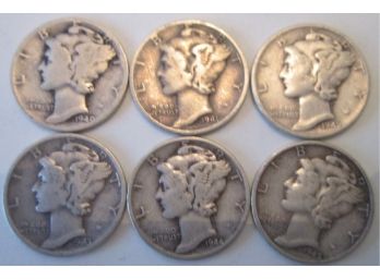 SET 1940, 1941, 1942, 1943, 1944 & 1945 Authentic MERCURY DIMES $.10 United States