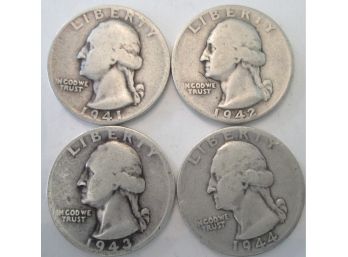 SET 4 COINS: 1941, 1942, 1943 & 1944 Authentic WASHINGTON SILVER Quarters $.25 United States