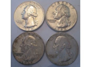 LOT 4 COINS: 1961, 62, 63, 1964 Authentic WASHINGTON Quarters $.25 United States