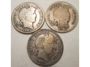 SET 1905, 1905O & 1905S Authentic BARBER DIMES $.10 United States