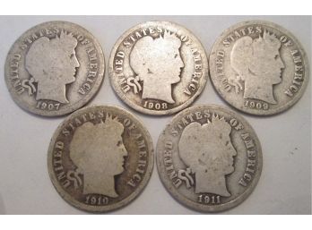 SET 1907, 1908, 1909, 1910, & 1911 Authentic BARBER DIMES $.10 United States