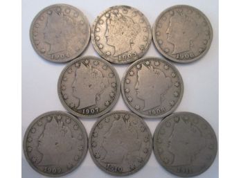 8 COIN LOT! 1904 Thru 1911 Authentic LIBERTY NICKEL $.05 United States