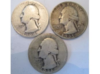 LOT 3 COINS: 1934, 1935 & 1936 Authentic WASHINGTON SILVER Quarters $.25 United States