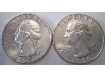 LOT 2 COINS: 1964 & 1964D Authentic WASHINGTON SILVER Quarters $.25 United States