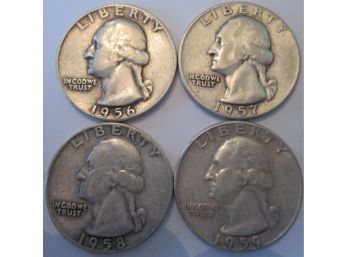 LOT 4 COINS: 1956, 1957, 1958D, 1959D Authentic WASHINGTON Quarters $.25 United States
