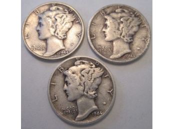 SET 1944, 1944D, 1944S Authentic MERCURY DIMES Silver $.10 United States