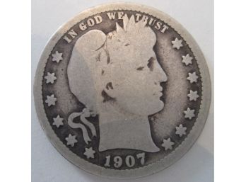 1907P Authentic BARBER Quarter Dollar $.25 United States