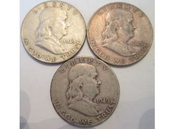 SET 1949 P, 1949 D & 1949 S Authentic FRANKLIN Half Dollars $.50 United States