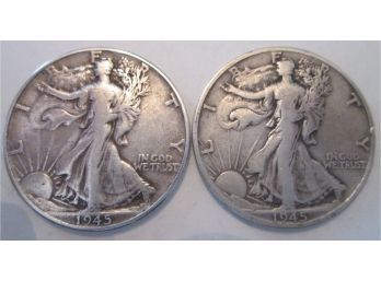 SET 1945 P & 1945 D Authentic WALKING LIBERTY Half Dollar $.50 United States