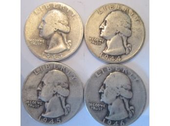 LOT 4 COINS: 1943, 1944, 1945, 1946 Authentic WASHINGTON SILVER Quarters $.25 United States