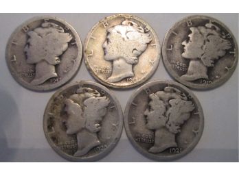 SET 1917, 1918, 1919, 1920, & 1921D Authentic MERCURY DIMES $.10 United States