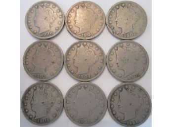 9 COIN LOT! 1900 Thru 1908 Authentic LIBERTY 'V' NICKEL $.05 United States