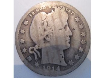 1914 D Authentic BARBER SILVER Quarter $.25 United States