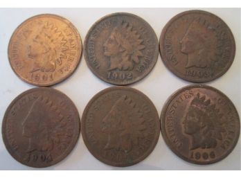 6 COIN LOT! 1901 - 1906 Authentic INDIAN HEAD CENTS $.01 United States