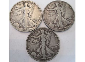 SET 3 COINS: 1939, 1939D & 1939S Authentic WALKING LIBERTY SILVER Half Dollars $.50 United States