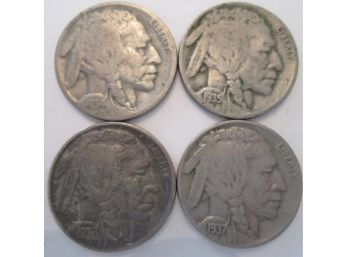 SET 4 COINS! 1934, 1935, 1936 & 1937 Authentic BUFFALO NICKELS $.05 United States
