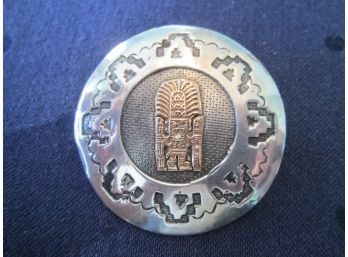 Vintage Large AZTEC BROOCH PIN PENDAT , STERLING .925 SILVER & 18K GOLD Made In MEXICO