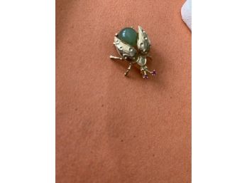 Vintage 14kt. Gold & Jade Bug Pin W Ruby Eyes!