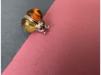 Vintage Sterling Silver & Amber Color Stones Lady Bug Pin