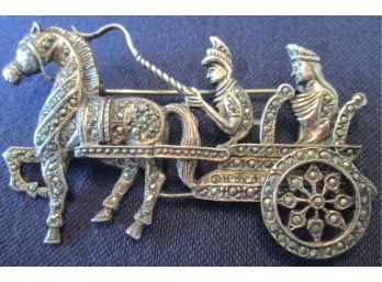 Vintage Highly Detailed CHARIOT BROOCH PIN, STERLING .925 SILVER, MARCASITE STONES
