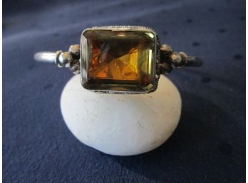 Vintage Hinged BRACELET SILVER TONE WITH HAND SET AMBER COLOR FACETTED STONE