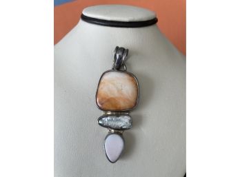 Sterling Silver Southwest  Three  Stone  Coral & Pearl Pendant