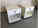 JOHNATHAN ADLER MATCHED PAIR OF  WHITE 'CHANNING NIGHSTANDS' W/ LUCITE PULLS