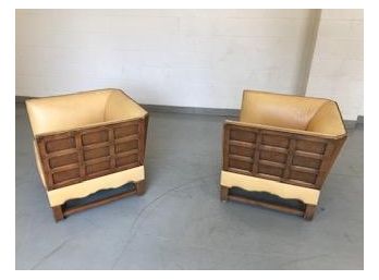 VINTAGE EUROPEAN MATCHED PAIR PANEL BACK & LEATHER LOUNGE  CHAIRS-SCARCE FIND