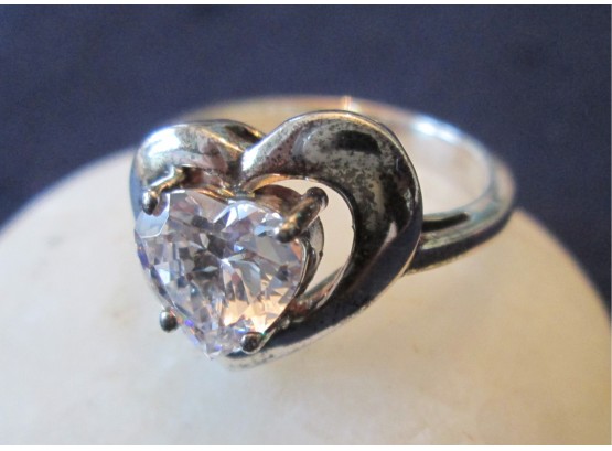 Vintage HEART STONE RING, STERLING .925 Silver Frame, Made In MEXICO, Size 8