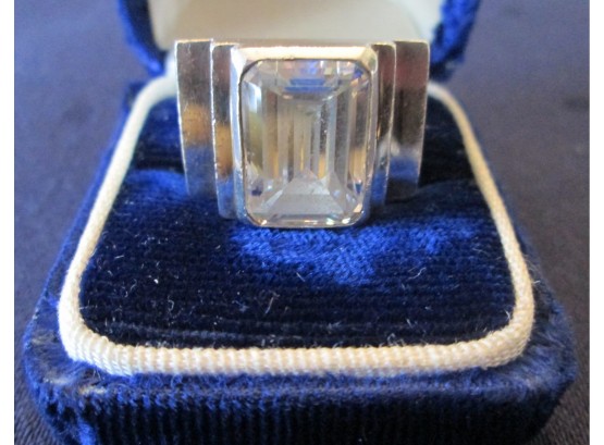Vintage ARCHITECTURAL RING, Heavy STERLING .925 Silver Frame, Size 5.5, EMERALD CUT