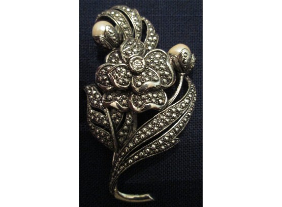 Vintage JKL For Avon BROOCH PIN, Finely Detailed FLORAL With Faux Pearls, Silver Tone COSTUME