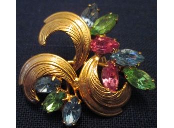 Vintage Gold Tone BROOCH PIN, Costume TRI COLOR Stones