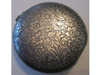 Vintage Repousse Floral Pattern COMPACT, Silver Tone With MIRROR & POWDER PUFF