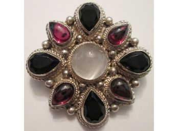 Vintage BROOCH PENDANT, STERLING .925 SILVER, Inset Cabochon & Faceted STONES