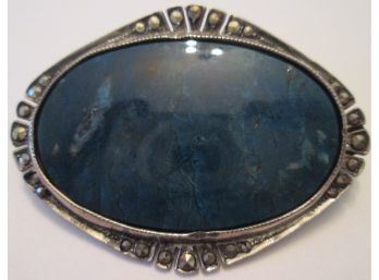 ANTIQUE VICTORIAN STYLE BROOCH PIN, Oval BLUE AGATE STONE Insert, STERLING .925 SILVER, Made In GERMANY