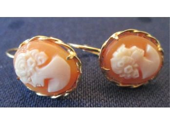 Vintage Matched Pair CAMEO PIERCED EARRINGS, 14K GOLD SETTINGS