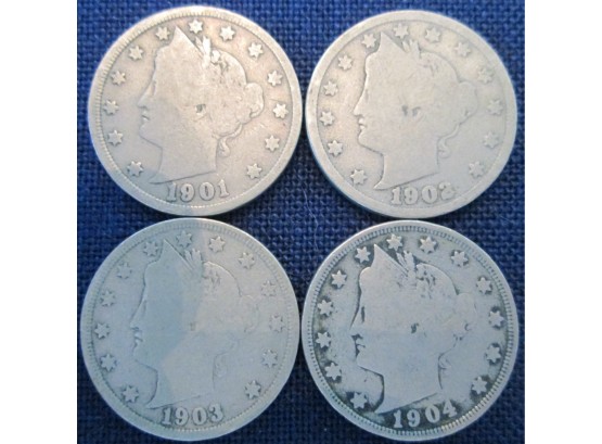SET 4 COINS! Authentic 1901P, 1902P, 1903P & 1904P Authentic 'v' LIBERTY NICKEL $.05 United States
