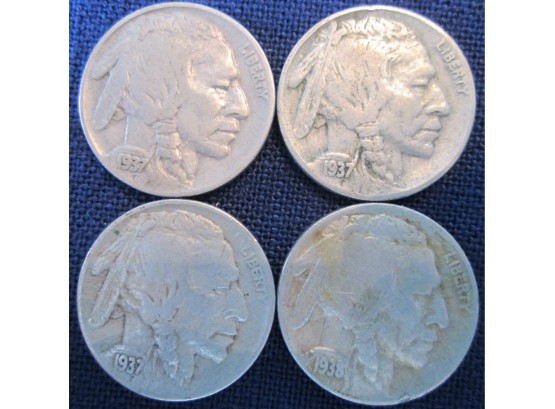SET 4 COINS! 1937P, 1937D, 1937S & 1938D Authentic BUFFALO NICKELS $.05 United States
