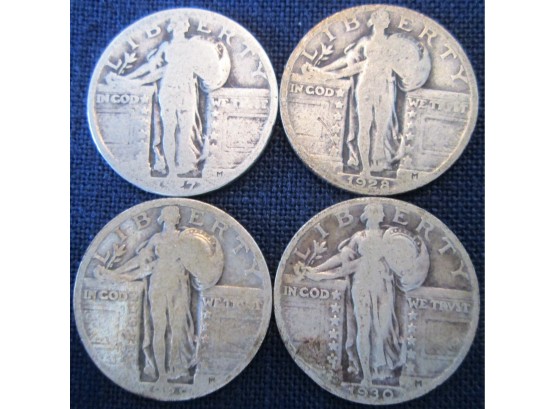 SET 4 COINS! 1927P, 1928P, 1929P & 1930P Authentic STANDING LIBERTY SILVER Quarters $.25 United States