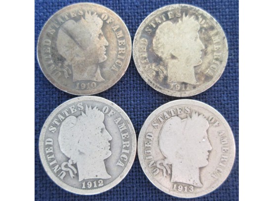 SET 4 COINS!  Authentic 1910P, 1911P, 1912P & 1913P BARBER DIMES SILVER $.10 United States