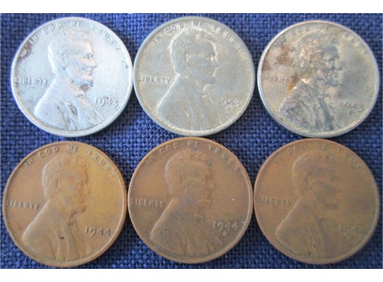 SET 6 COINS! 1943PDS, 1944PDS Authentic LINCOLN CENTS $.01 United States