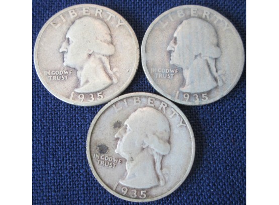 SET 3 COINS! 1935P, 1935D & 1935S Authentic WASHINGTON SILVER Quarters $.25 United States