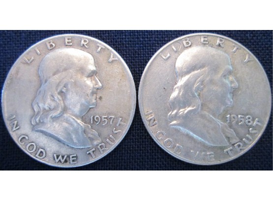 SET 2 COINS! Authentic 1957D & 1958D FRANKLIN Half SILVER Dollars $.50 United States