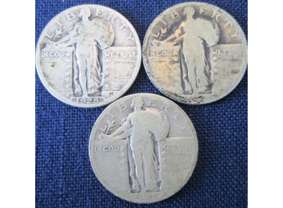 SET 3 COINS! 1928P, 1928D & 1928S Authentic STANDING LIBERTY SILVER Quarters $.25 United States